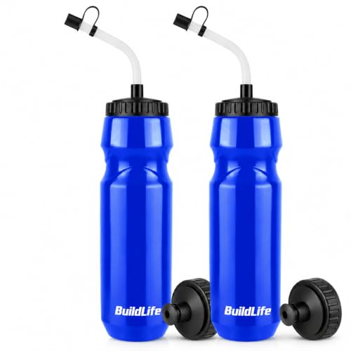 Hockey Water Bottle with Long Straw-32 OZ Squeeze Water Bottle for Football - color: Blue