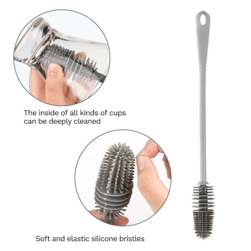 Silicone Bottle Brush & Silicone Straw Cleaner Set – 12.5” Long Handle, Flexible, Odor-Resistant, Dishwasher Safe – for Water Bottles, Baby Bottles, Tumblers & Straws (Grey)
