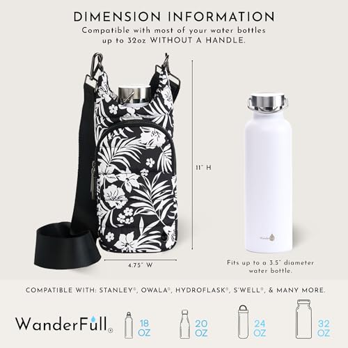 WanderFull® Original HydroBag®, Fits Up to 32 oz Water Bottle Holder with Strap, Gift for Women, Hands-Free Crossbody, Water Bottle Carrier Bag with Phone Pocket - color: Tropical Black & White Floral Print