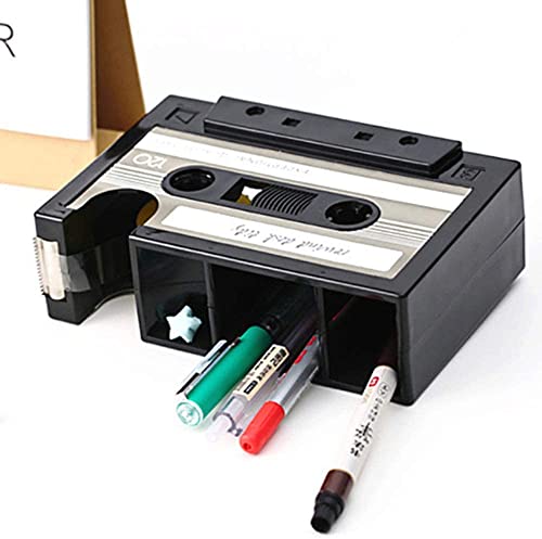 Creative Tape Pen Holder, Retro Cassette Tape Dispenser, Stationery Desk Tidy Container, Office Supplies Organizer Pencil Cup - color: Black