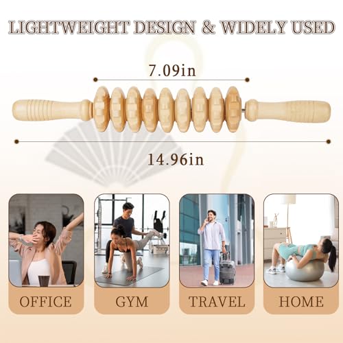 Liitrton Manual Wooden Massage Roller Stick for Muscle Relief, 9‑Wheel - size: 9-Wheel-Wood