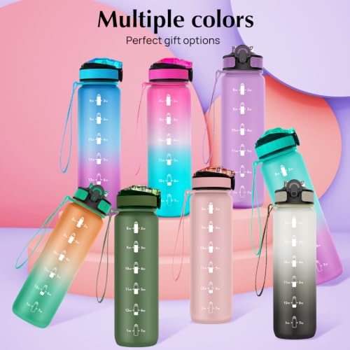 EYQ 32oz Water Bottle with Straw, Sports Bottle with Time Marker - color: 2.Fuschia/Green Gradient