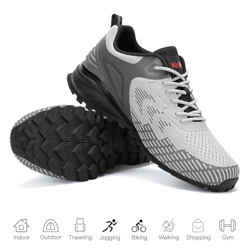 Kricely Men's Trail Running Shoes Non Slip Hiking Trekking Tennis Shoes - color: Light Grey, size: 14 Wide