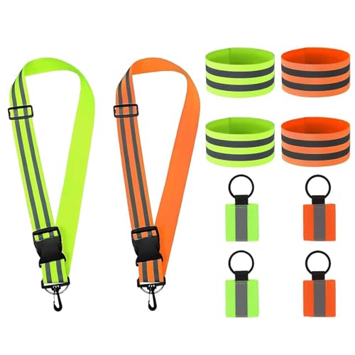 Reflective Running Gear 2 Sets, 10 Pcs Reflective Sash and Armbands for Walking at Night, High Visibility Safety Vest Alternative for Runners, Cycling, Dog Walking - 2 Sashes, 4 Bands, 4 Keychains