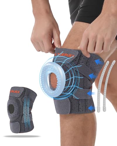 Knee Brace with Side Stabilizers & Patella Gel Pad, Meniscus Tear Knee Brace for Men and Women, Adjustable Compression Support for Pain Relief, Arthritis, Meniscus, ACL, MCL, Running (Gray Orange)