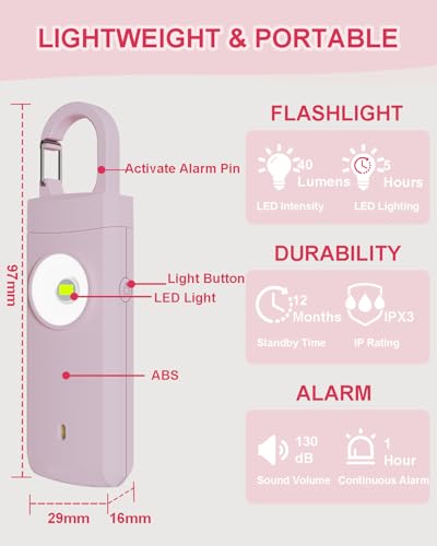 Rechargeable Personal Safety Alarm for Women, 130dB Loud Siren & Strobe