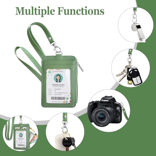 bolimoss 2-in-1 ID Badge Holder & Lanyard Wallet, Leather ID Name Badge with Side Zip Pocket for Teacher, Student, Women Small Wallet with Removable Neck Lanyard, Clear Window, 5 Card Slots,Lime Green - color: Lime Green