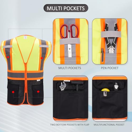High Visibility Reflective Safety Vest with Zipper and Pockets (Yellow & Black),Medium - color: Yellow/Black, size: Medium