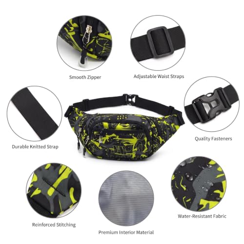 Large Fanny Pack for Men Women NSYOOMH, Crossbody Waist Bag 5-Zipper Pocket - color: Fluorescent Green