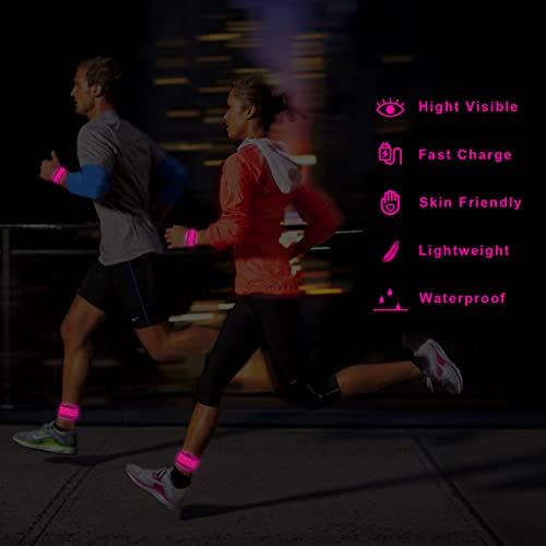 LED Safety Wristband Lights - Rechargeable Light Up Arm Ankle Band Kids Magic Slap Glow Bracelets Reflective Belt High Visibility for Night Cycling Walking Joggers Running Gear - color: Pink