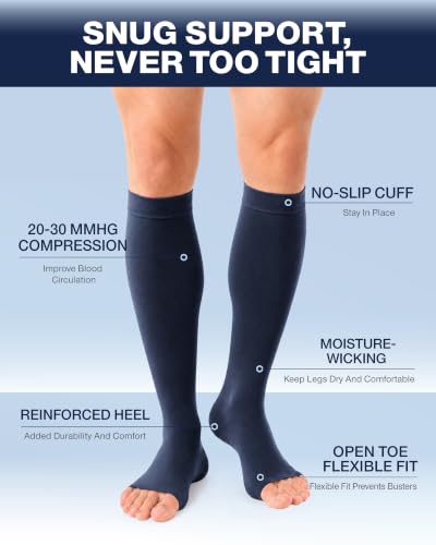 Compression Socks For Women Men,Open Toe Knee High 20-30mmHg - color: Navy Blue, size: Large