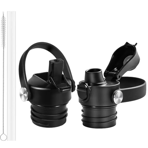 EIPOSAU Auto Flip Lid for Hydro Flask Standard Mouth Bottle, Spout lid for HydroFlask Narrow Mouth Bottle, Replacement Lid with Button Lock - color: Black Spout Lid with Black Straw Lid