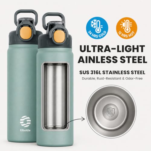 Fjbottle Insulated Water Bottle with Handle 24 oz Straw Flip Top Lid - color: 03 Peacock Green, size: 24 Ounces