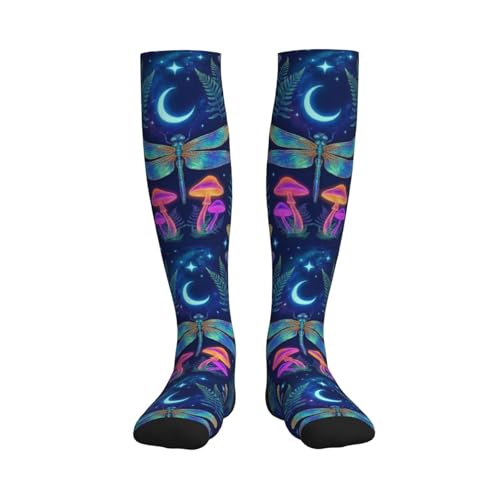 Witchy Moth Compression Socks For Women Men - color: Neon Dragonfly Mushroom