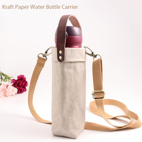 Water Bottle Carrier with Strap,Washed kraft Paper Water Cup Sleeve for 17/20oz Insulated Water Bottle,for Walking Hiking Camping Gym - color: Grey-11.8inches high