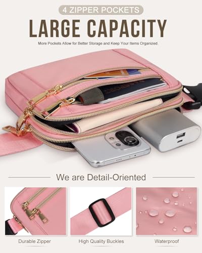 Capolo Fanny Packs for Women 4 Zip Pocket Crossbody Belt Bag Waist Bags - color: Pink, size: Medium