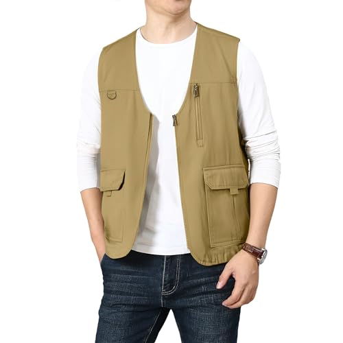 PRIJOUHE Mens Casual Cotton Vest Lightweight Outdoor Fishing Utility Vest - color: 04-khaki, size: Large