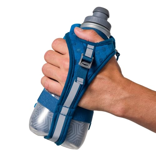 Nathan SpeedDraw 2 Insulated Handheld Running Water Bottle Flask – Double-Wall Insulation, Ergonomic Grip, Blast Valve Cap, Phone & Key Storage Pockets, Reflective Design - 18oz, Deep Blue - color: 18oz - Deep Blue
