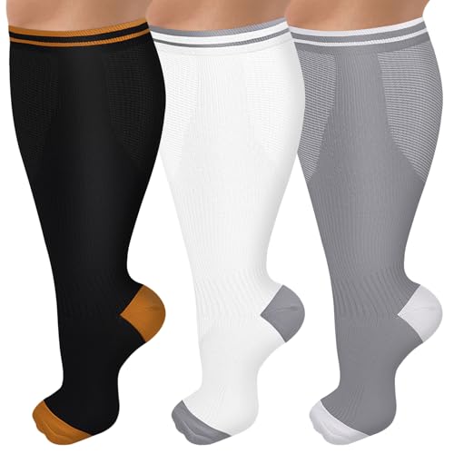 CTHH Wide Calf Compression Socks for Women Men Plus Size Knee High Stocking - color: 012-3 Pack Black/White/Gray, size: 3X-Large