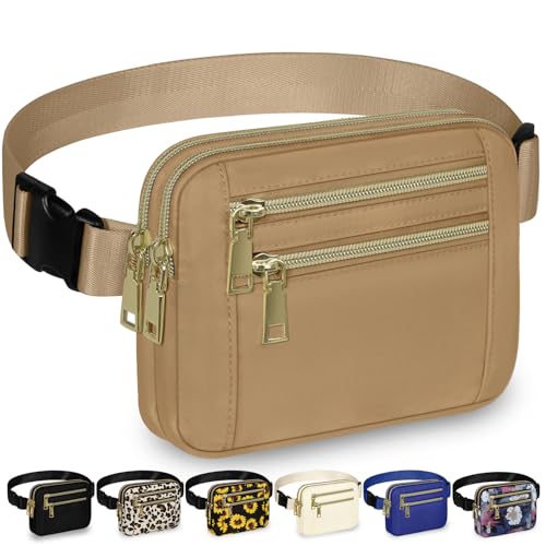 Capolo Fanny Packs for Women 4 Zip Pocket Crossbody Belt Bag Waist Bags - color: Khaki, size: Medium