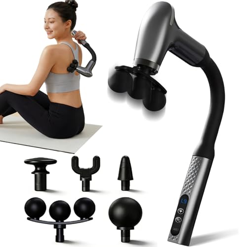Massage Gun with Upgraded Extension Handle, Back Massager for Pain Relief Deep Tissue, 12MM Percussion Less-Shock Neck/Foot/Leg/Shoulder Massager, 9 Speed Levels & 5 Replaceable Heads (Space Silver) - color: Space Silver