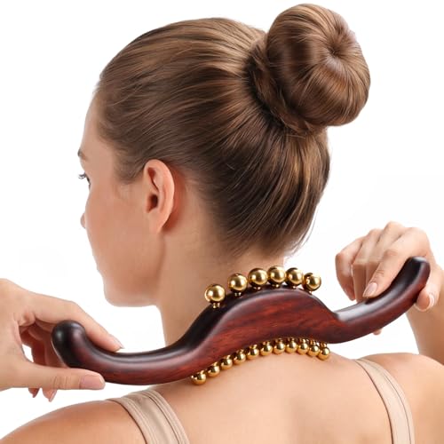 ONUEMP Sandalwood Gua Sha Muscle Knot Scraper with 17 Fascia Brass Beads - size: Sandalwood&Brass