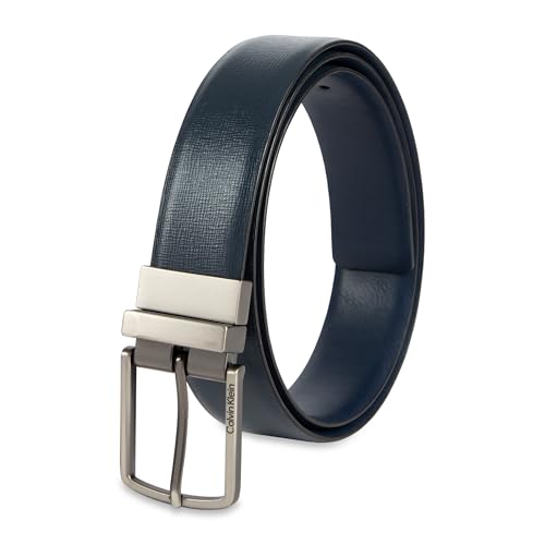 Calvin Klein Men’s Reversible Leather Belt - 2‑in‑1 Versatile Modern Style - color: Navy/Navy Textured, size: Small (30-32)