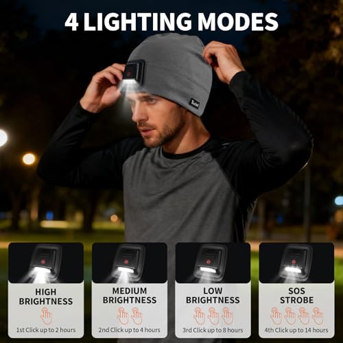 Taximi Led Beanie with Light, USB Rechargeable Headlamp Beanie, Fleece Flashlight Hat for Running, Gift for Men Dad Husband - color: Grey