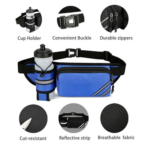 Fanny Pack with Water Bottle Holder for Men Women – Large Hiking Fanny Pack with Adjustable Strap Belt for Cycling Hiking Dog Walking Outdoor, Water Resistant Pack Blue(Bottle Not Included) - color: Blue