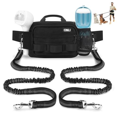 ETACCU Hands Free Dog Leash with Zipper Pouch, Waist Belt for Large Medium 2 Dogs for Running, Walking, Jogging and Hiking, Dual Padded Handles and Durable Bungee - Black (2 Dog) - color: 2 Dog Black