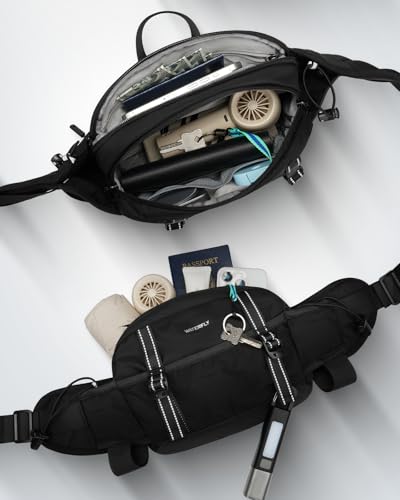 WATERFLY Large Hiking Fanny Pack: 3L Waist Bag with 2 Bottle Holders for Women Men - 9 Pockets & Adjustable Belt Lumbar Hip Packs for Travel Running Cycling Camping Workout (Bottles Not Included) - color: Black