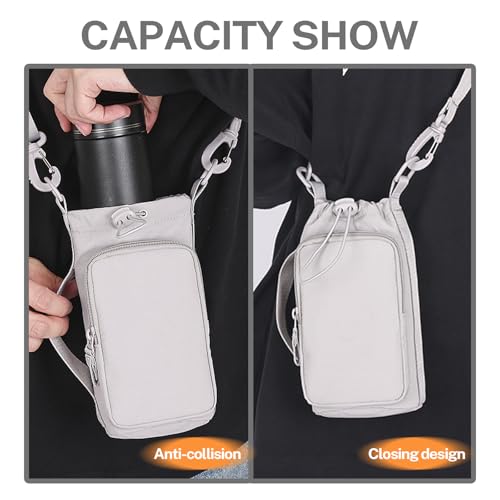 Water Bottle Holder with Phone Pocket for 40/32 oz,Water Bottle Holder/Sleeve with Adjustable Shoulder Strap and Charm. - color: Light Grey