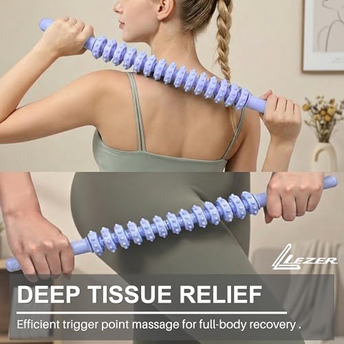 LEZER Flexible Massage Stick 21.7" Muscle Roller, 14 Roller Trigger Point, Deep Tissue Myofascial Release & Muscle Recovery, Bendable Body Massager for Neck, Back & Legs