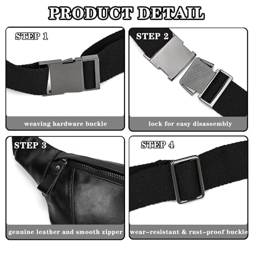 Genuine Leather Fanny Pack for Women & Men, Crossbody Waist Pack with Adjustable Strap, Hiking Hip Bum Belt for Travel, Hiking, Running - color: Black