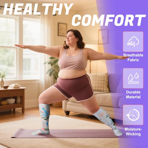 4 Pairs Plus Size Compression Socks,Extra Wide Calf 20-30 mmHg Knee High Compression Socks for Men Women Circulation - color: 01-white Flowers, size: XX-Large