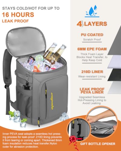Capolo Cooler Backpack Insulated Leak Proof for Women Men Soft Cooler Bag - color: Leather Gray with Yellow, size: 45 Cans