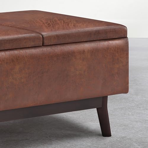 SIMPLIHOME Owen 34" Vegan Leather Storage Ottoman in Distressed Pecan Brown - color: Distressed Pecan Brown
