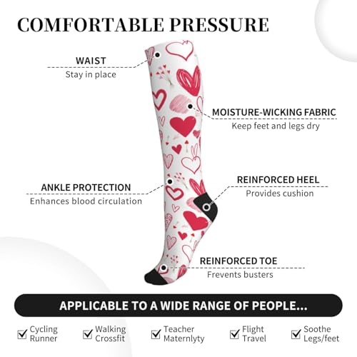Compression Socks Knee High Support Stockings Women Men - color: Red Hearts