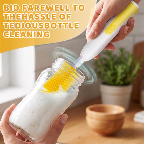 Portable Electric Bottle Brush Cleaner with Storage Box, 4-in-1 Kit - color: Yellow