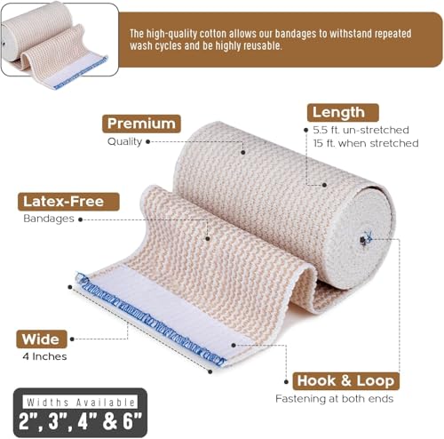 Premium Elastic Bandage Wrap (4” Wide, 2 Pack) - Nexskin Latex Free Athletic/Medical Compression Bandages Hook & Loop Fasteners at Both Ends - Lifetime Washable & Reusable Bandages - size: 2 Pack