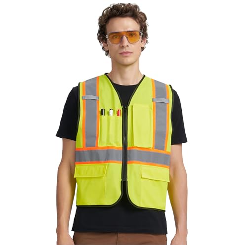 A-KSAFETY High Visibility Safety Vest for Men Women with Pockets and Zipper - color: Yellow, size: 5X-Large