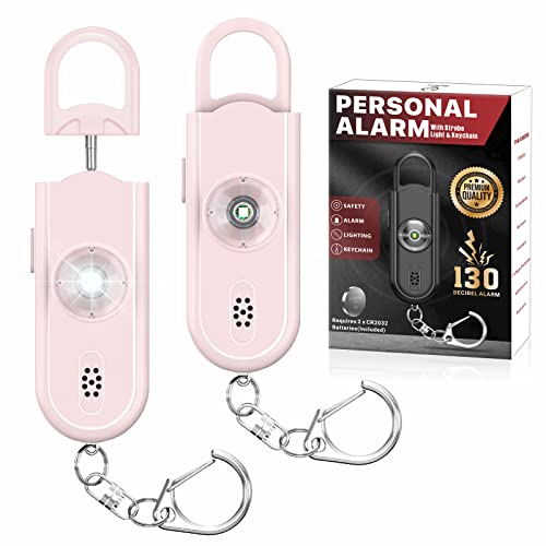 Personal Safety Alarm Keychain for Women 2PCS -130 dB Loud Siren with SOS Strobe Light, Flashlight, Double Speakers, Safe Defense Key Chain for Girls Kids Elders Emergency Call - color: Baby Pink