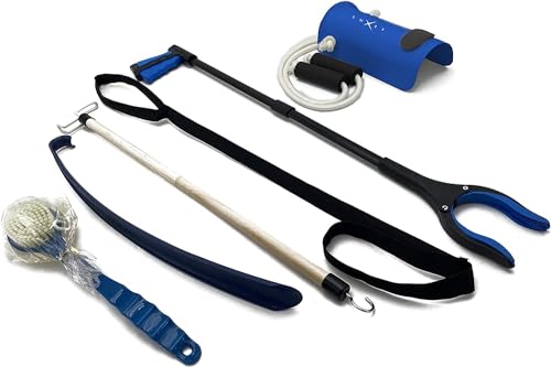 Hip Kit for Total Hip Replacement Prime Kit, Shoe Horn, Foldable 32" Grabber Tool, Dressing Stick & Sock Aide, Leg Lifter, Long Bath Sponge, Grabbers Elderly Reaching Tool, 6PC-Kit, Blue, by Luxet - color: 6pc Hip Replacement Kit Blue