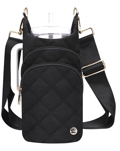 Water Bottle Holder with Strap 30/32 oz, Crossbody Water Bottle Carrier Bag - color: Black Diamond Quilted
