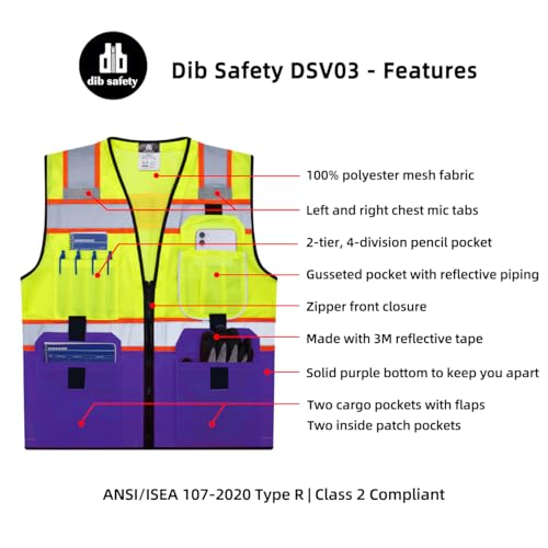 Dib Safety Reflective Safety Vest Made with 3M Tape, Yellow and Purple M - color: Yellow & Purple, size: Medium