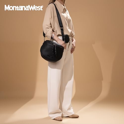 Montana West Crossbody Bag for Women, Vegan Leather Bum Bag with Coin Purse - color: Black