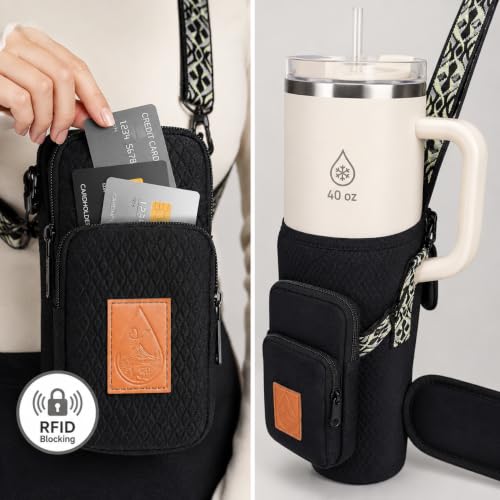 Water Bottle Holder with Strap - Crossbody Waterbottle Bag - color: Black