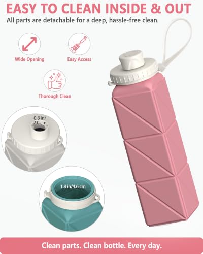 BEAUTAIL Collapsible Water Bottles 21oz/610mL, Silicone Travel Water Bottle - color: Pink
