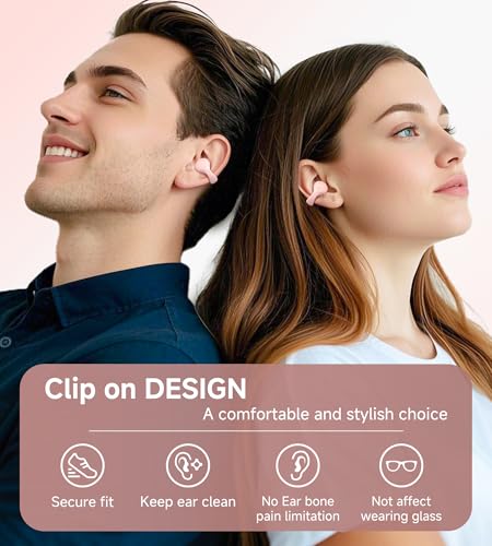 Kinglucky i21 Open Ear Clip On Earbuds Wireless Bluetooth Ear Clip Headphones with Mic,Noise Cancelling, Waterproof IPX4,for Small Ears,Perfect for Running,Sports,Glasses Wearers (Pink) - color: Pink