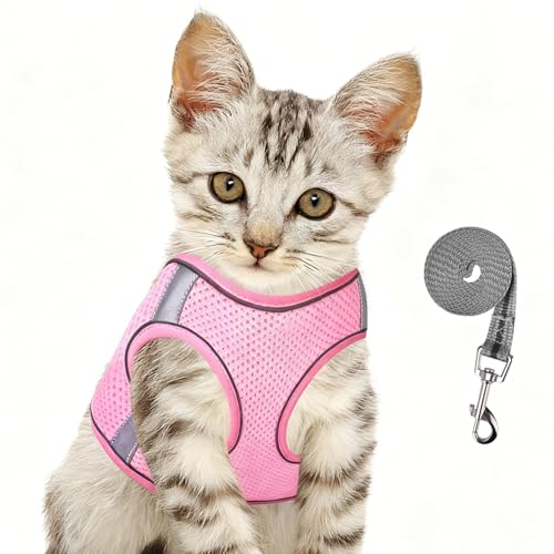 Cat Harness and Leash Set, Adjustable Soft Vest with Reflective Strap - color: pink-2, size: Medium(chest:12''-15.5'')